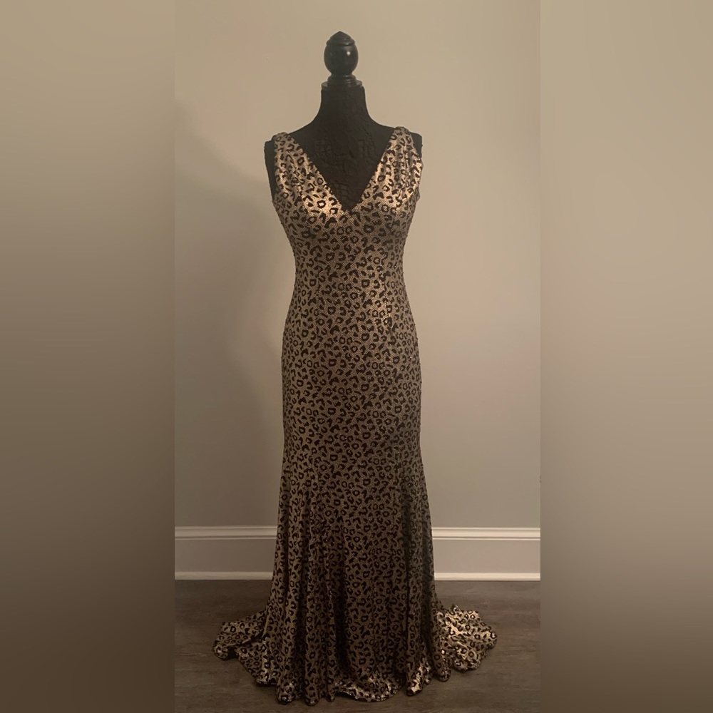Jovani Leopard Print Evening Gown with Trumpet Train